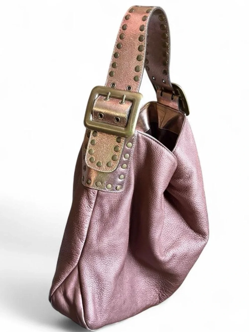 Be & D Crawford Studded Leather Hobo Bag Mauve Metallic Rose Gold